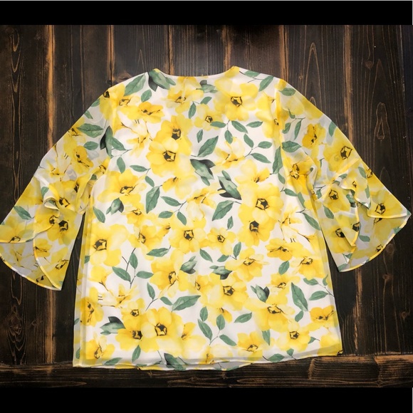 Calvin Klein 🌼 Floral Print V-Neck Chiffon 3/4 Ruffle Sleeve Top Size Large - Picture 6 of 7
